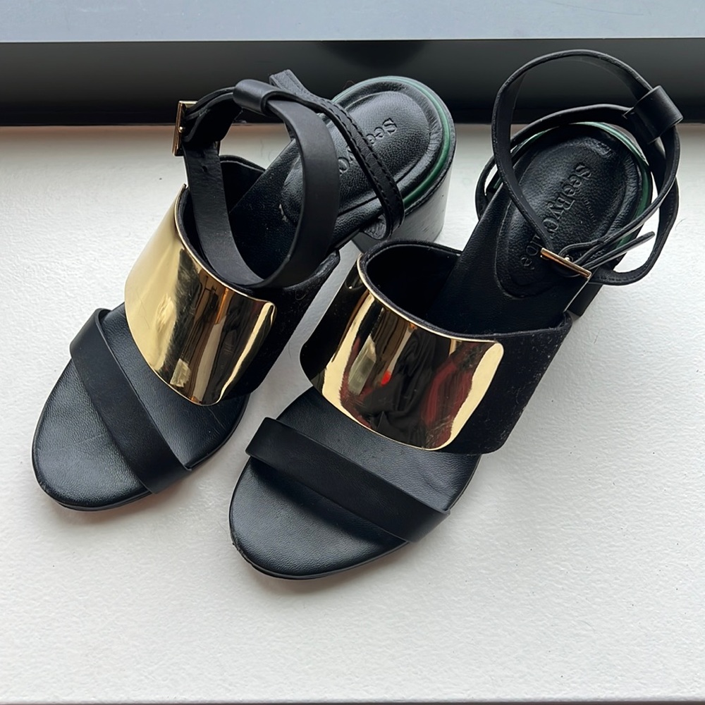 SEE by Chloe gold metal black heel sandals size 7, 37.5